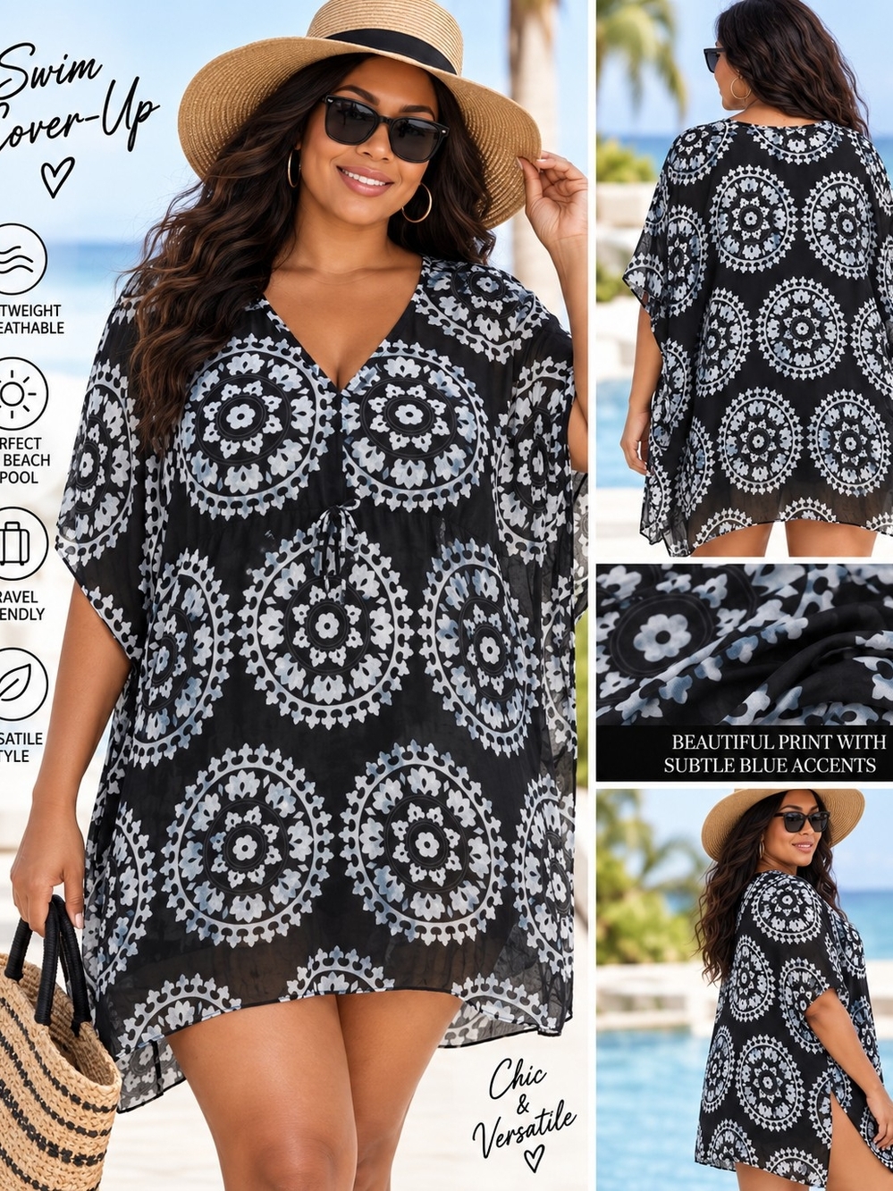 Echo Black and Light Blue Splash Medallion Swim Cover-Up